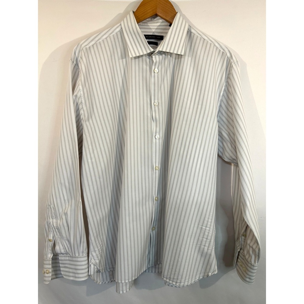 John Varvatos Dress Shirt Mens 17.5 White Gray Slim Fit Stripe